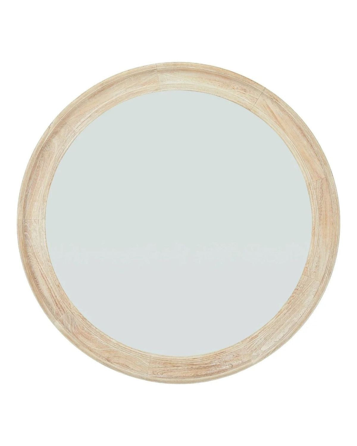 Large round mirror with washed wood frame, designed for stylish home decor by Hill Interiors.