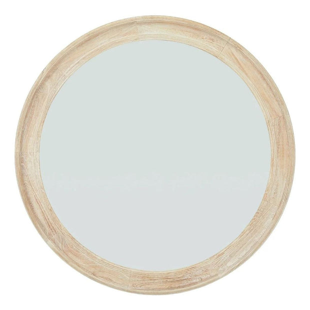 Large round mirror with washed wood frame, designed for stylish home decor by Hill Interiors.