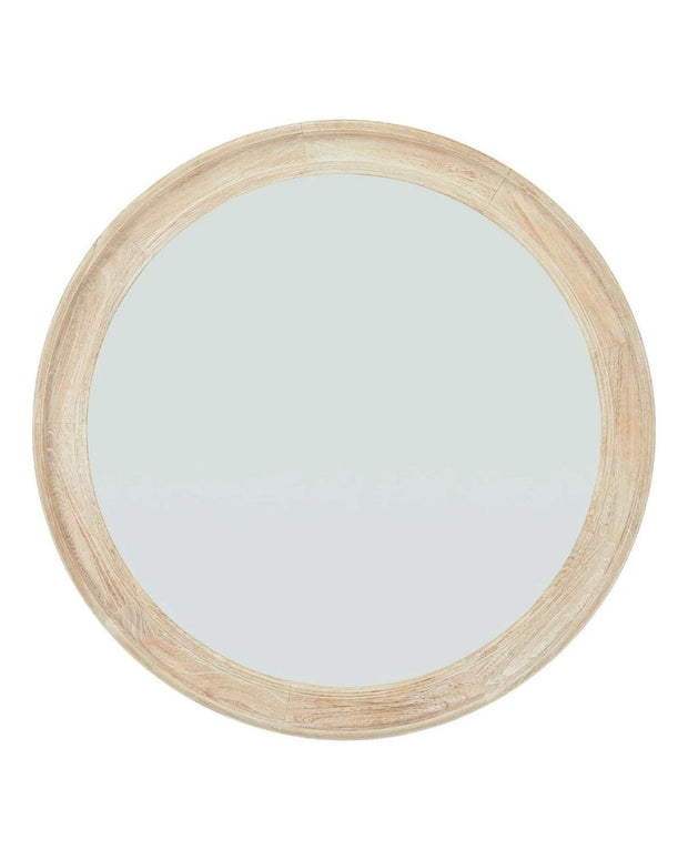 Large round mirror with washed wood frame, designed for stylish home decor by Hill Interiors.