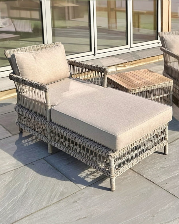 Rattan Provence three-piece outdoor sun lounger set by Hill Interiors, featuring woven rattan garden furniture with adjustable loungers