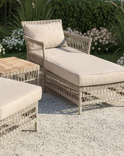 Rattan Provence three-piece outdoor sun lounger set by Hill Interiors, featuring woven rattan loungers with cushions for garden relaxation.