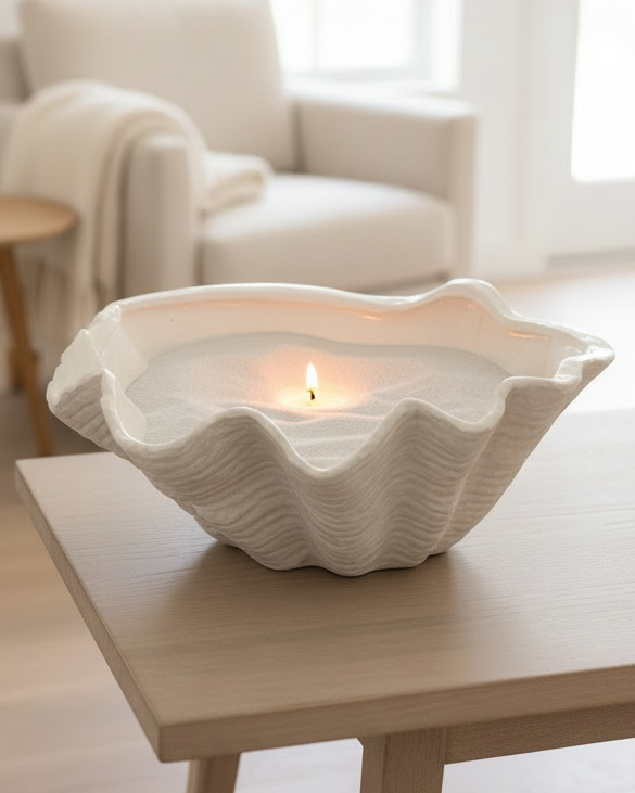 A large matte neutral stone clam shell bowl for home decor, featuring a textured shell design from Hill Interiors.