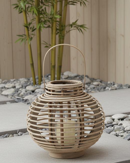 Natural rattan wicker round garden candle lantern for home decor, featuring a stylish design suitable for outdoor and indoor spaces.