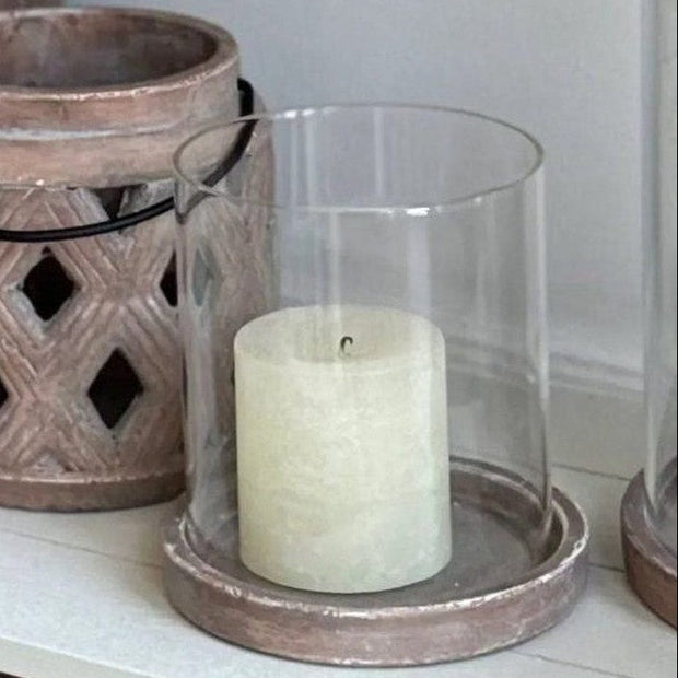 Siena Matt Brown Stone Lattice Hurricane Lantern for home decor, featuring a sturdy design with intricate lattice pattern.