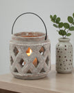Siena matte brown stone lattice hurricane lantern for home decor, featuring a durable design with decorative cutouts.