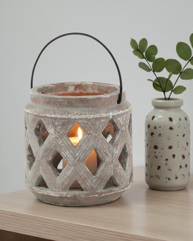 Siena matte brown stone lattice hurricane lantern for home decor, featuring a durable design with decorative cutouts.