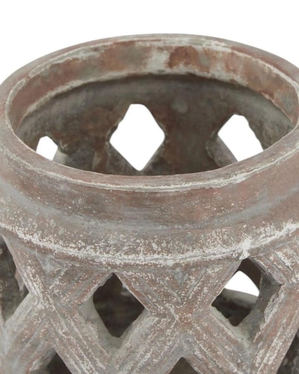 Siena Matt Brown Stone Lattice Hurricane Lantern for home decor, featuring a rustic design with a lattice pattern and sturdy stone finish.