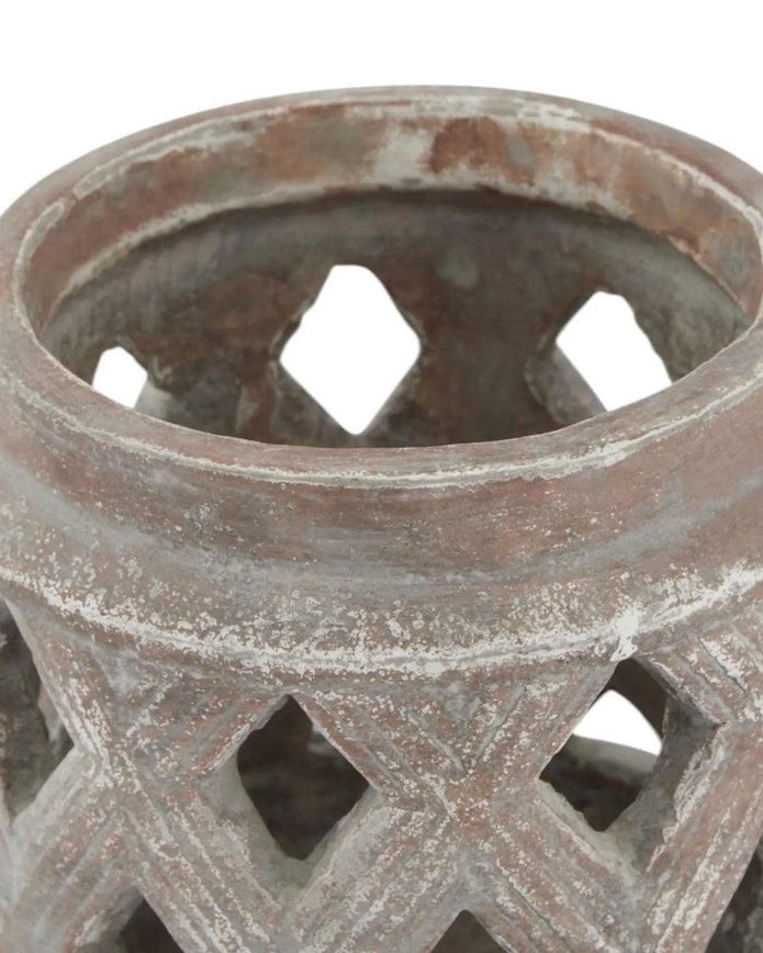 Siena Matt Brown Stone Lattice Hurricane Lantern for home decor, featuring a rustic design with a lattice pattern and sturdy stone finish.