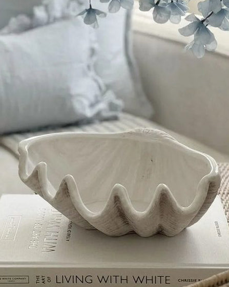 Large matte neutral stone clam shell bowl by Hill Interiors, elegant home decor piece with a natural shell design.