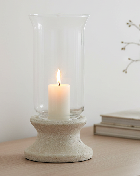 Stone-based hurricane candle lantern from Hill Interiors, decorative home decor piece with glass enclosure and stone base.