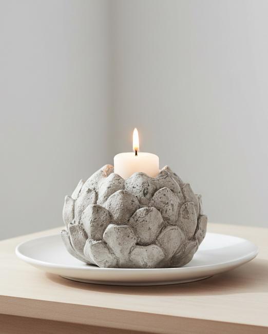 Stone concrete artichoke tealight candle holder, Hill Interiors home decor piece with detailed artichoke design for stylish ambiance.