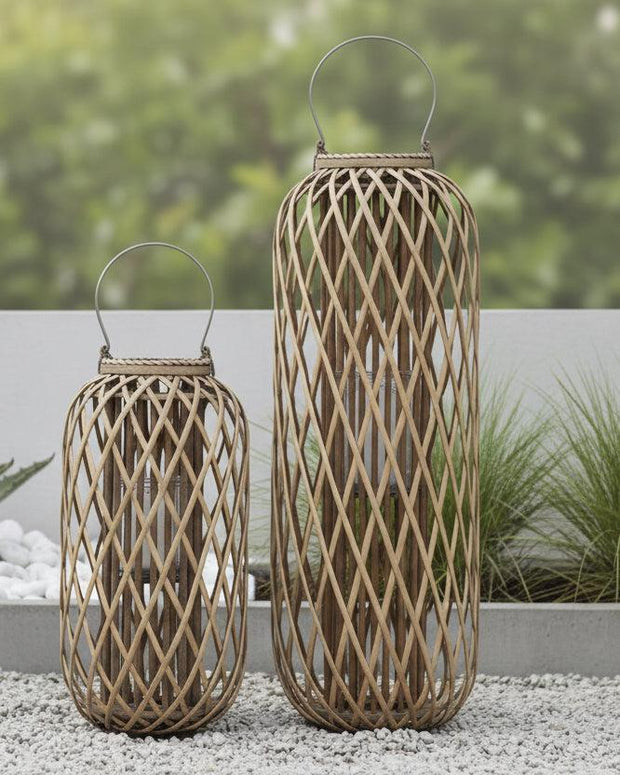Tall natural rattan wicker garden candle lantern for home decor, featuring a spacious design and rustic aesthetic.