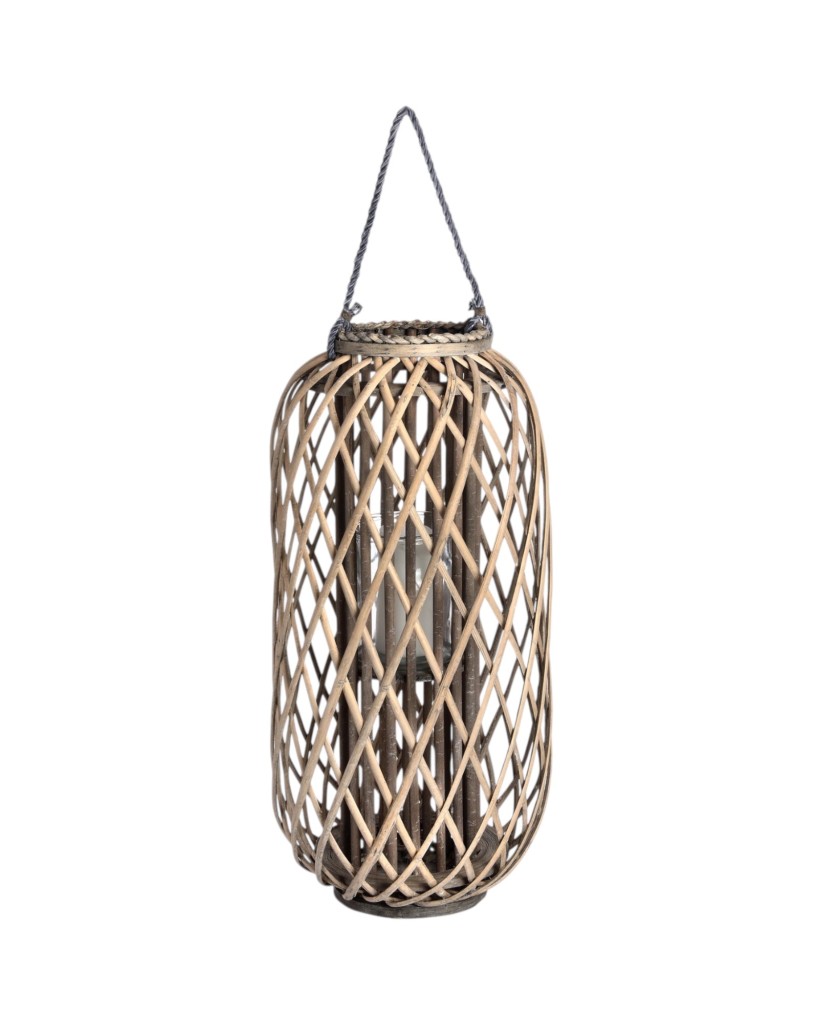 Tall natural rattan wicker garden candle lantern, home decor by Hill Interiors, with glass insert for candles and decorative design.