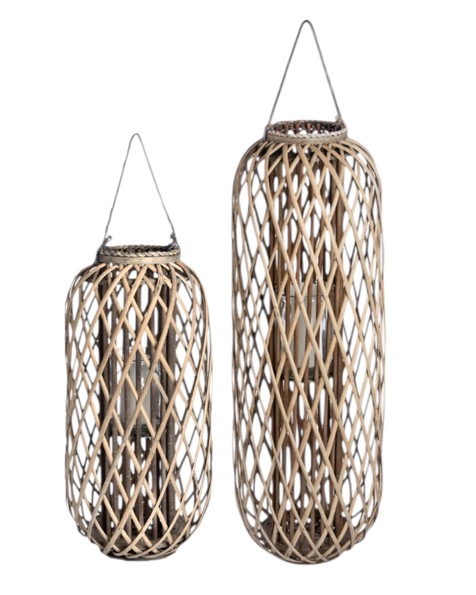Tall natural rattan wicker garden candle lantern for home decor, featuring a spacious design with a glass holder inside.