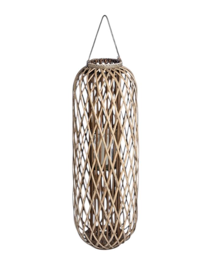 Tall natural rattan wicker garden candle lantern for home decor, featuring a rustic, woven design ideal for outdoor or indoor settings.