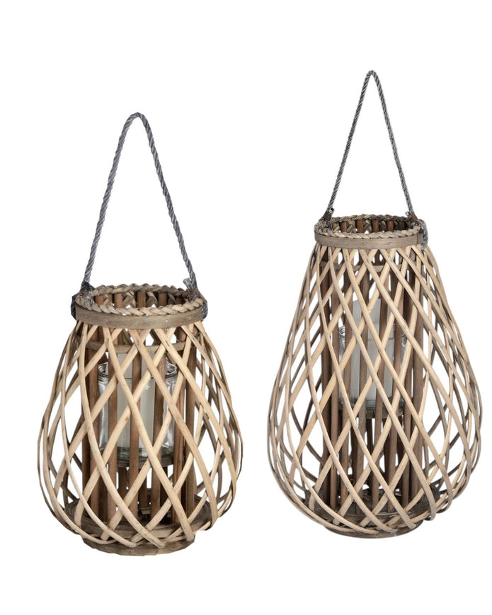 Natural rattan wicker bulbous garden candle lantern by Hill Interiors, perfect for outdoor home decor.