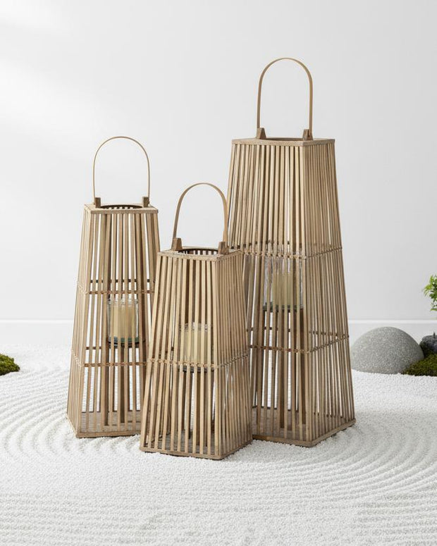 Natural rattan wicker silo garden candle lantern for home decor, featuring a woven design and rustic style by Hill Interiors.