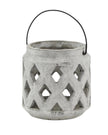 Neutral stone lattice hurricane lantern for home decor, featuring a classic design with a sturdy handle and open lattice pattern.