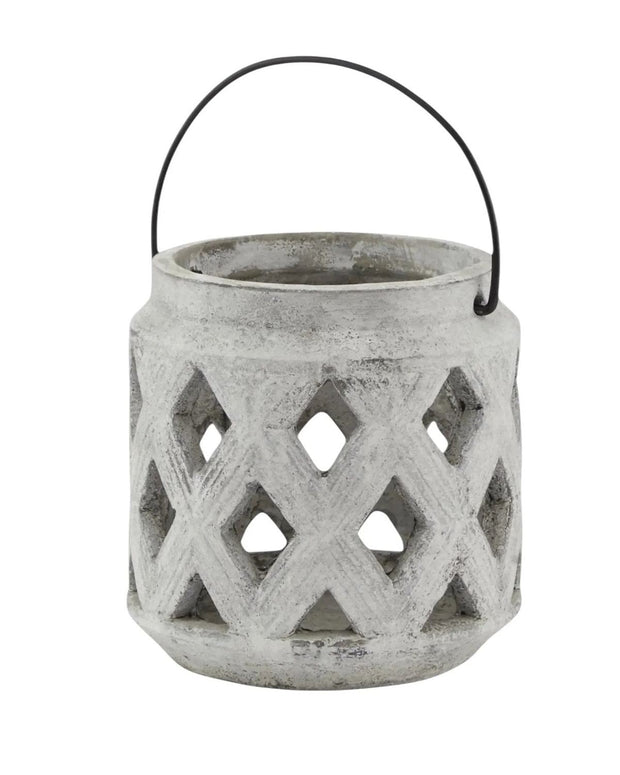 Neutral stone lattice hurricane lantern for home decor, featuring a classic design with a sturdy handle and open lattice pattern.