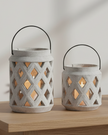 Medium neutral stone lattice hurricane lantern for home decor, featuring a stylish design with a classic geometric pattern.