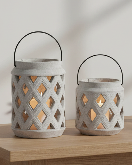 Medium neutral stone lattice hurricane lantern for home decor, featuring a stylish design with a classic geometric pattern.