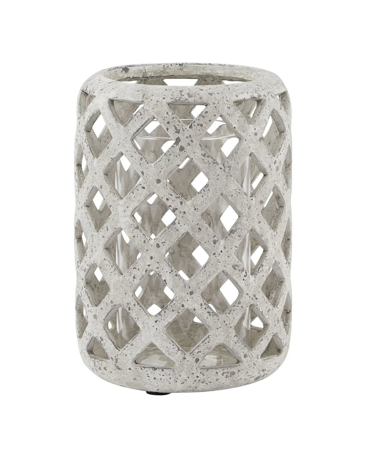 Medium Stone Lattice Hurricane Lantern by Hill Interiors, elegant home decor piece with intricate stone lattice design.