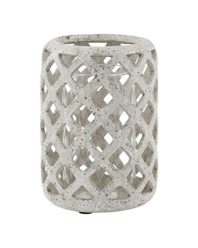 Medium Stone Lattice Hurricane Lantern by Hill Interiors, elegant home decor piece with intricate stone lattice design.