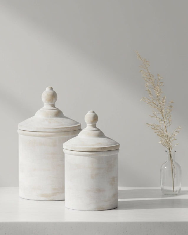 White stone canister from Hill Interiors, rustic home decor storage container with a smooth finish and classic design.