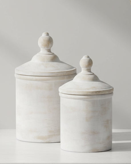 White stone canister from Hill Interiors, rustic home decor storage container with a natural stone finish.