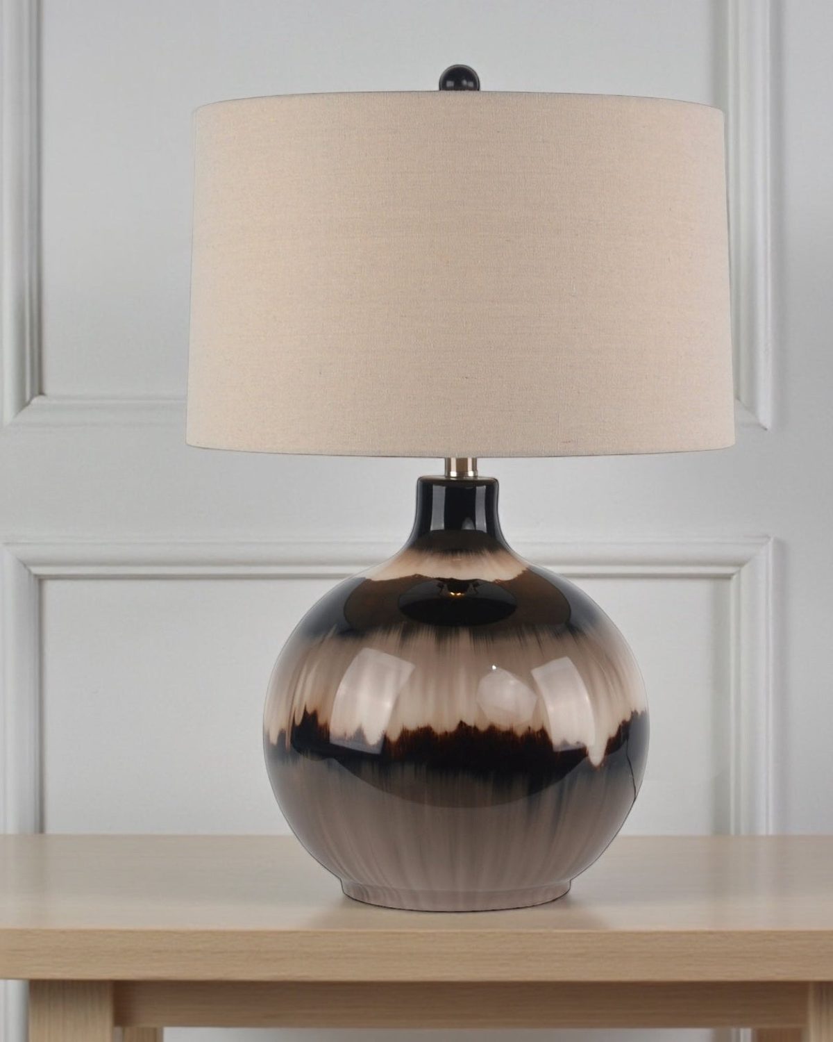 Chocolate brown glass lamp with sepia linen shade, 66cm tall, from Hill Interiors, perfect for stylish lighting decor.