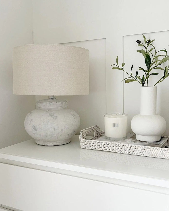 Hill Interiors Darcy Squat Round Design Stone Lamp, 50cm tall, with smooth rounded shape and textured stone finish, ideal for ambient lighting.