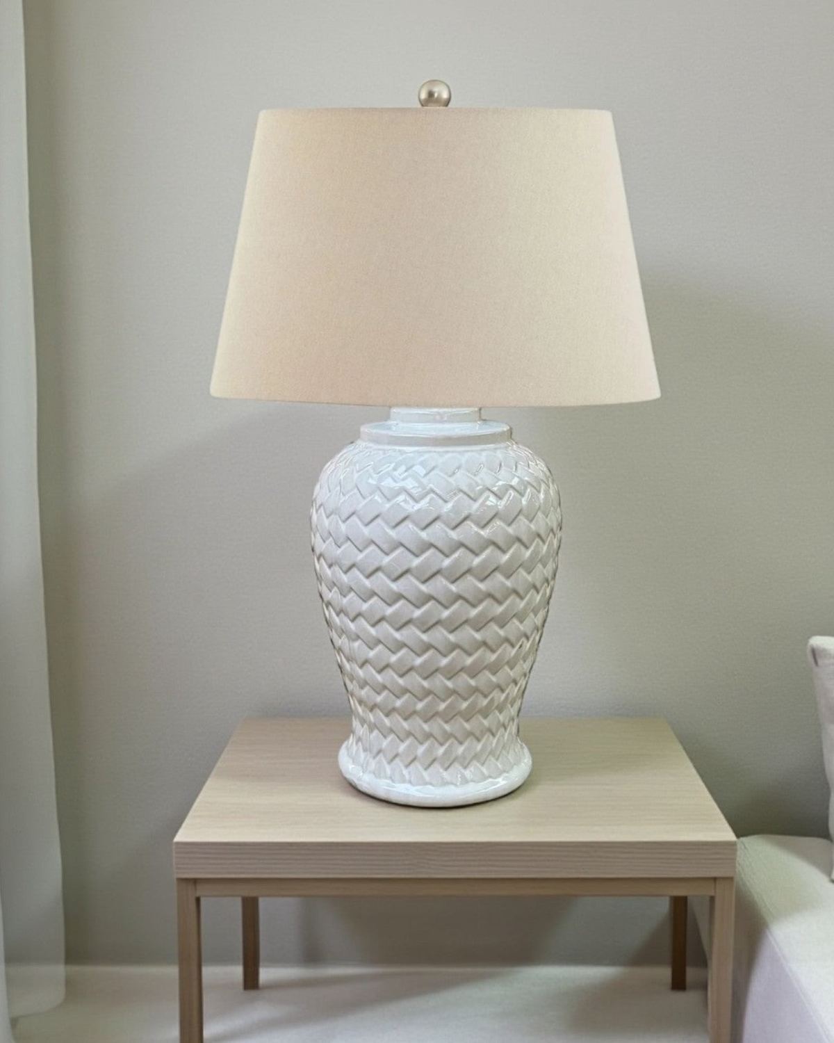 Large white weave ceramic lamp with textured lattice design, 70cm tall, from Hill Interiors lighting collection.