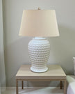 Large white weave ceramic lamp with textured lattice design, 70cm tall, from Hill Interiors lighting collection.