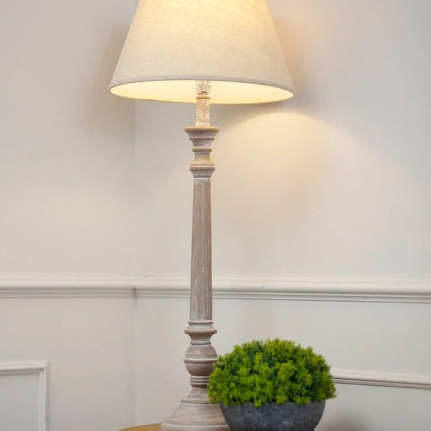 Leptis Magna wooden lamp by Hill Interiors with an elegant grey linen shade, 53cm tall, stylish lighting fixture.