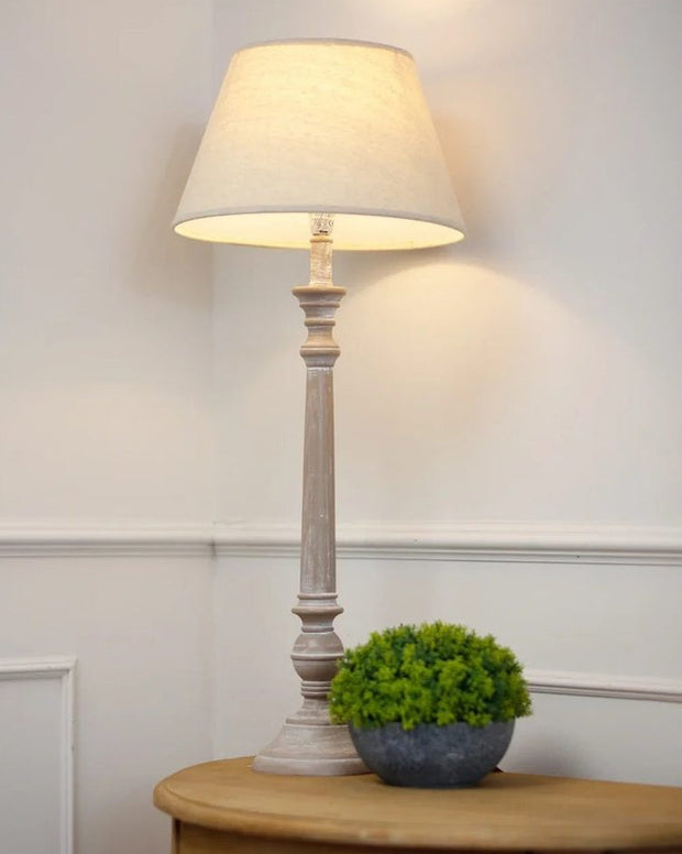 Leptis Magna wooden lamp by Hill Interiors with an elegant grey linen shade, 53cm tall, stylish lighting fixture.