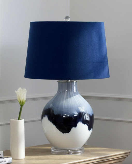 Navy blue glass lamp with deep blue linen shade, decorative lighting by Hill Interiors, 68cm tall.