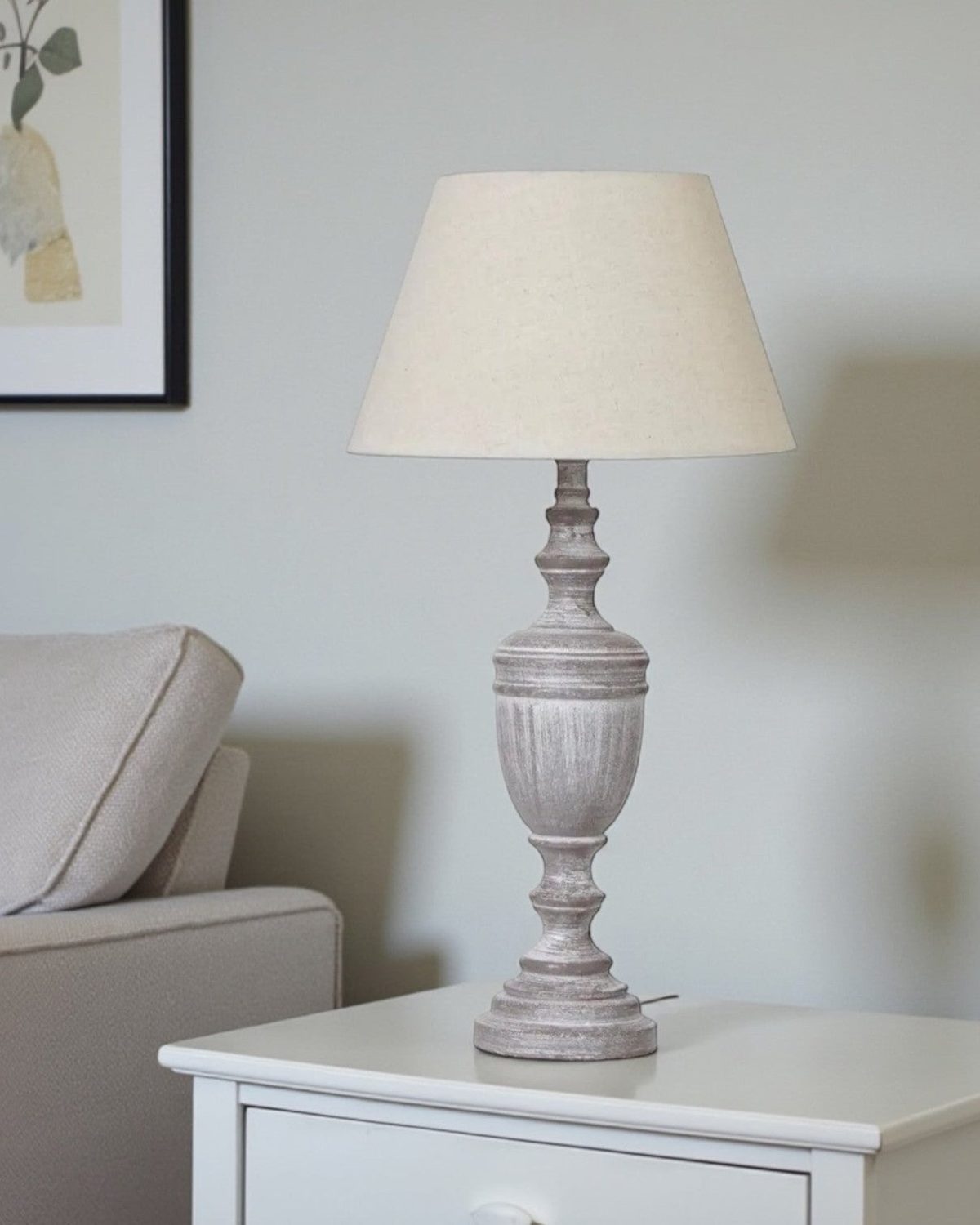 Weathered grey wooden lamp from Hill Interiors, 45cm tall with intricate detailing, perfect for stylish lighting.