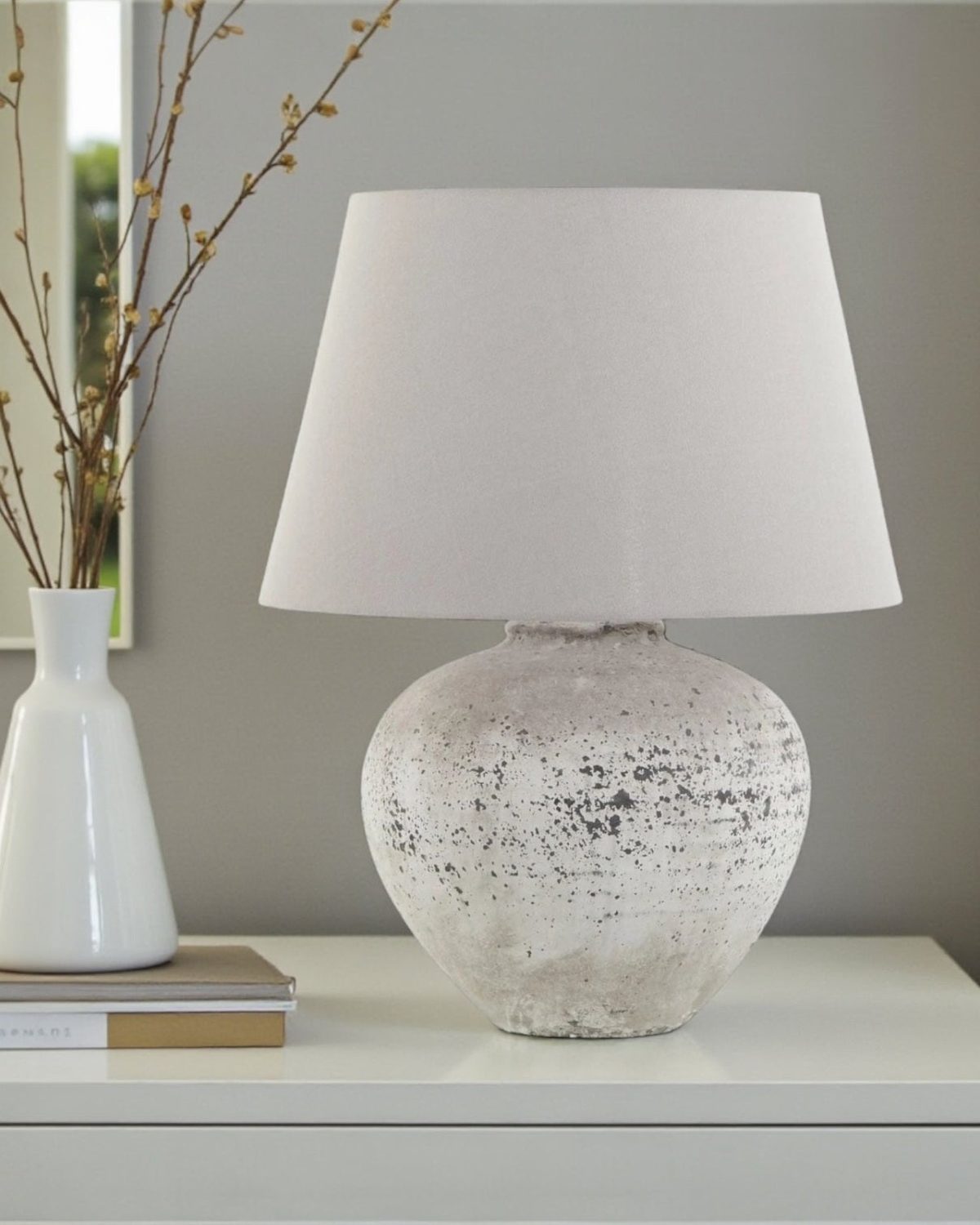 Large ribbed stone ceramic lamp by Hill Interiors, textured lighting fixture with a tall 64cm design and modern style.