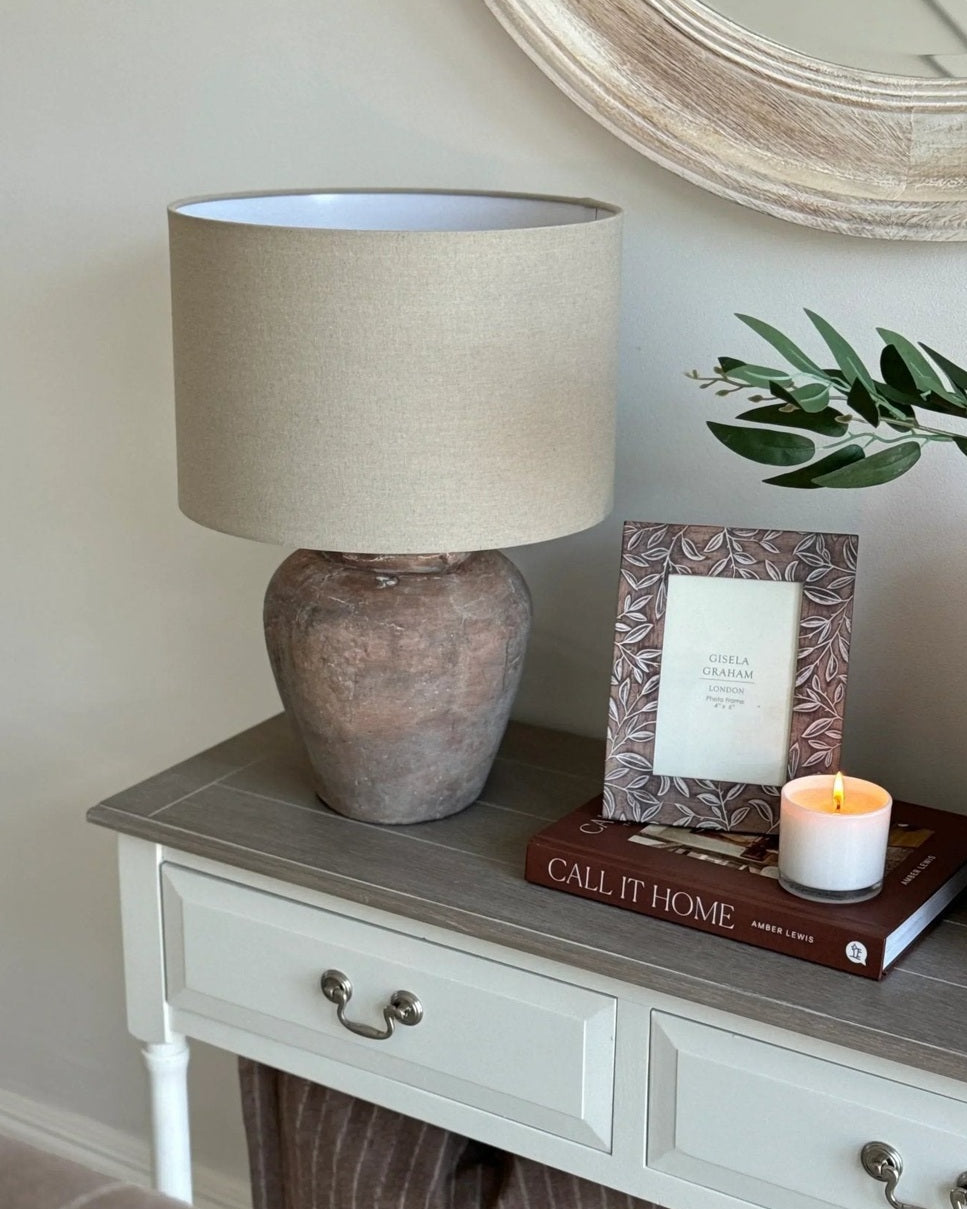 Medium Matt Brown Siena Ribbed Stone Lamp by Hill Interiors, 44cm tall, modern lighting with textured ribbed design.