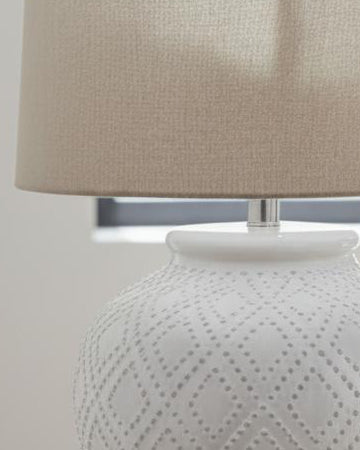 White beaded ceramic lamp by Hill Interiors, 56cm tall, ideal for stylish home lighting and decorative accents.