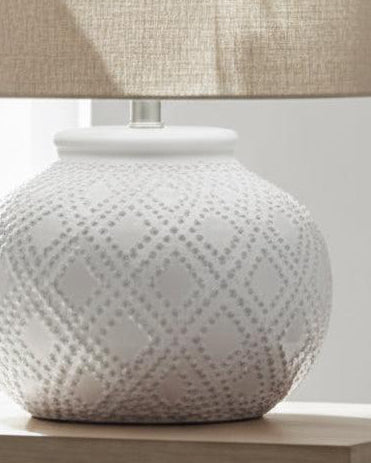 White beaded ceramic lamp by Hill Interiors, squat style, 56cm tall, decorative lighting for modern interior spaces.
