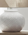 White beaded ceramic lamp by Hill Interiors, squat style, 56cm tall, decorative lighting for modern interior spaces.
