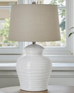White ceramic ribbed urn-style lamp with textured linen shade, 62cm tall, by Hill Interiors, designed for elegant lighting.