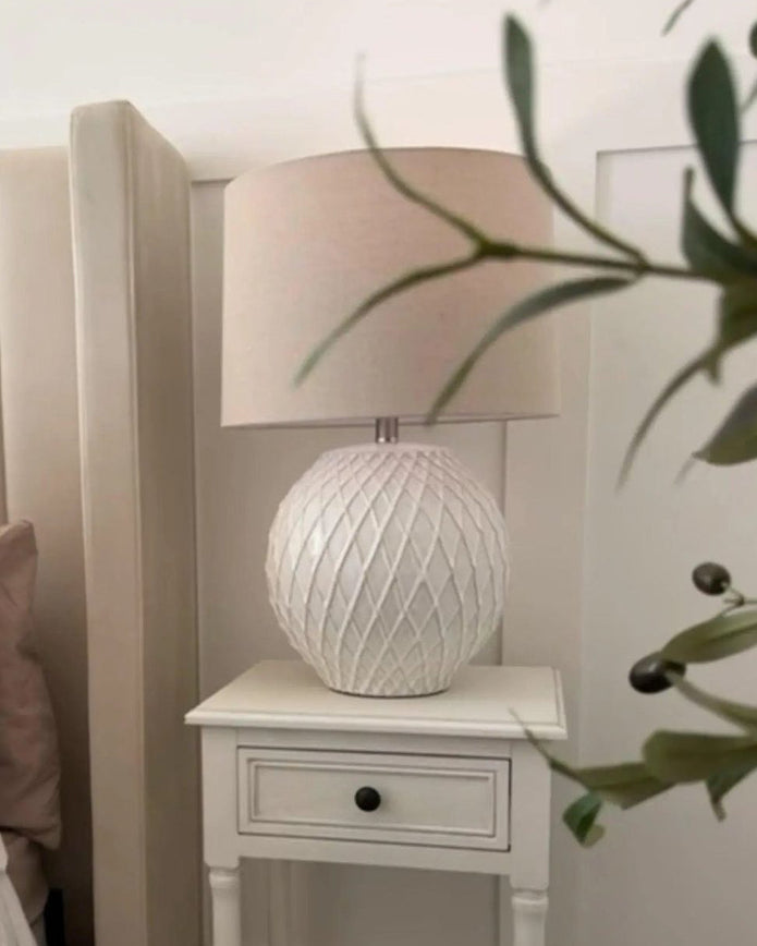 White lattice ceramic lamp by Hill Interiors, 60cm tall, showcasing intricate lattice design, ideal for stylish lighting decor.