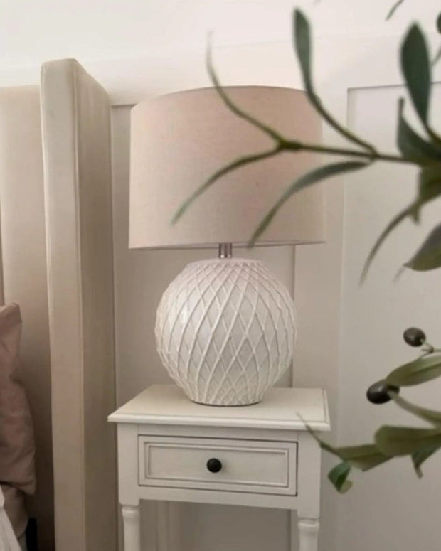 White Lattice Ceramic Lamp by Hill Interiors, 60cm tall, decorative lighting fixture with intricate lattice design.