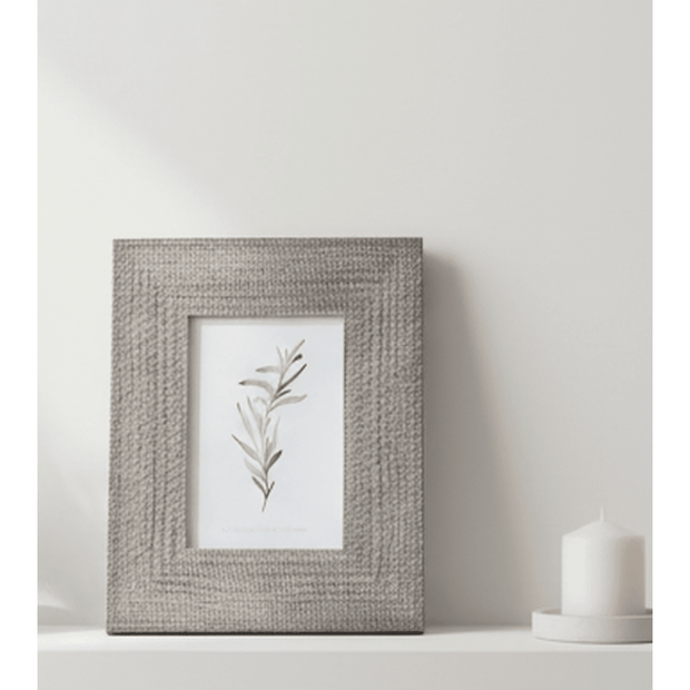 Neutral wooden photo frame with woven border, Hill Interiors 4x6 photo frame for displaying pictures in a stylish, natural look.