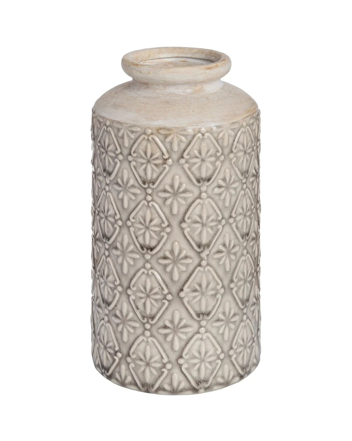 Large beige ceramic vase with black geometric patterns, designed by Hill Interiors, perfect for decorative home accents.