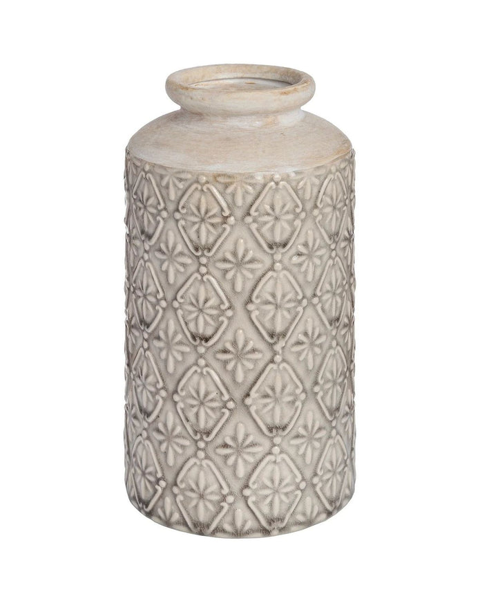 Large beige ceramic vase with black geometric patterns, designed by Hill Interiors, perfect for decorative home accents.