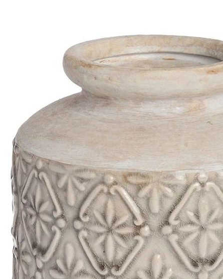 Large beige ceramic vase with black patterned design, decorative Nero style, by Hill Interiors.