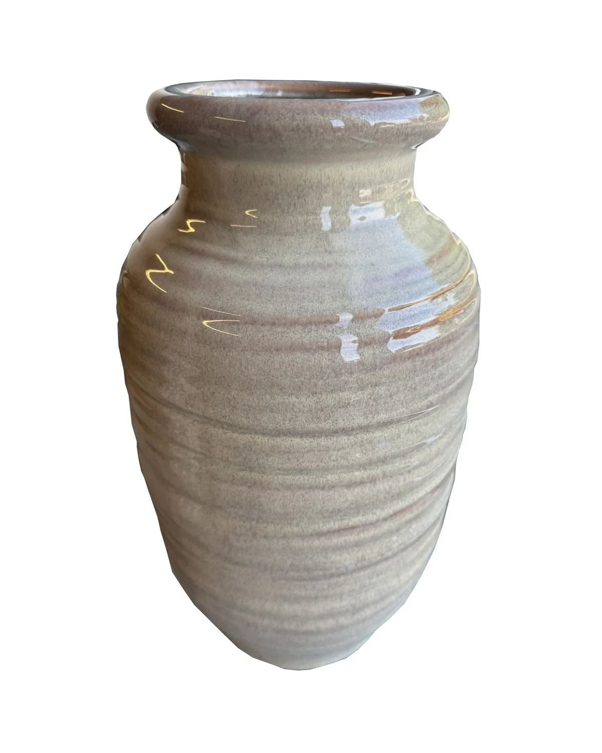 Tall beige fluted vase with textured surface, designed by Hill Interiors, perfect for modern home decor.
